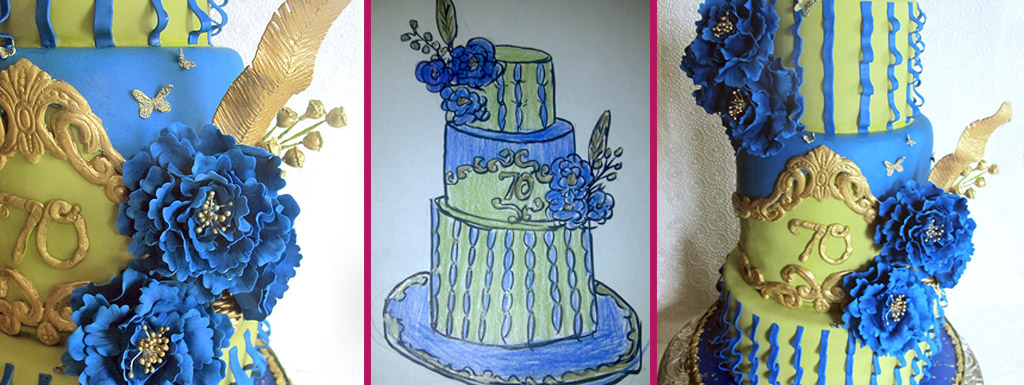 70th anniversary cake with royal blue sugar flowers and gold feathers