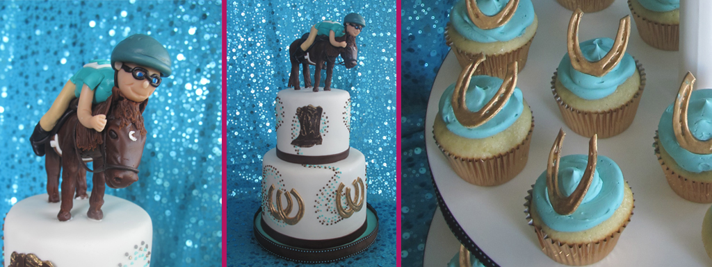 Equestiran themed 16th Birthday cake and cupcakes with gold horseshoes