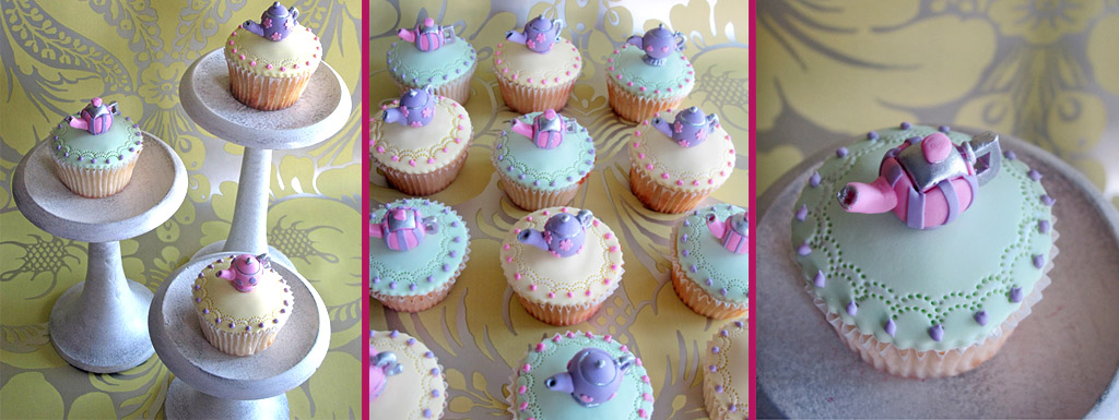 Fondant covered cupcakes with individual teapots on the top