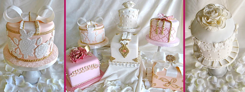 Vintage designed cakes in pale pinks, peaches and creams for wedding bells magazine